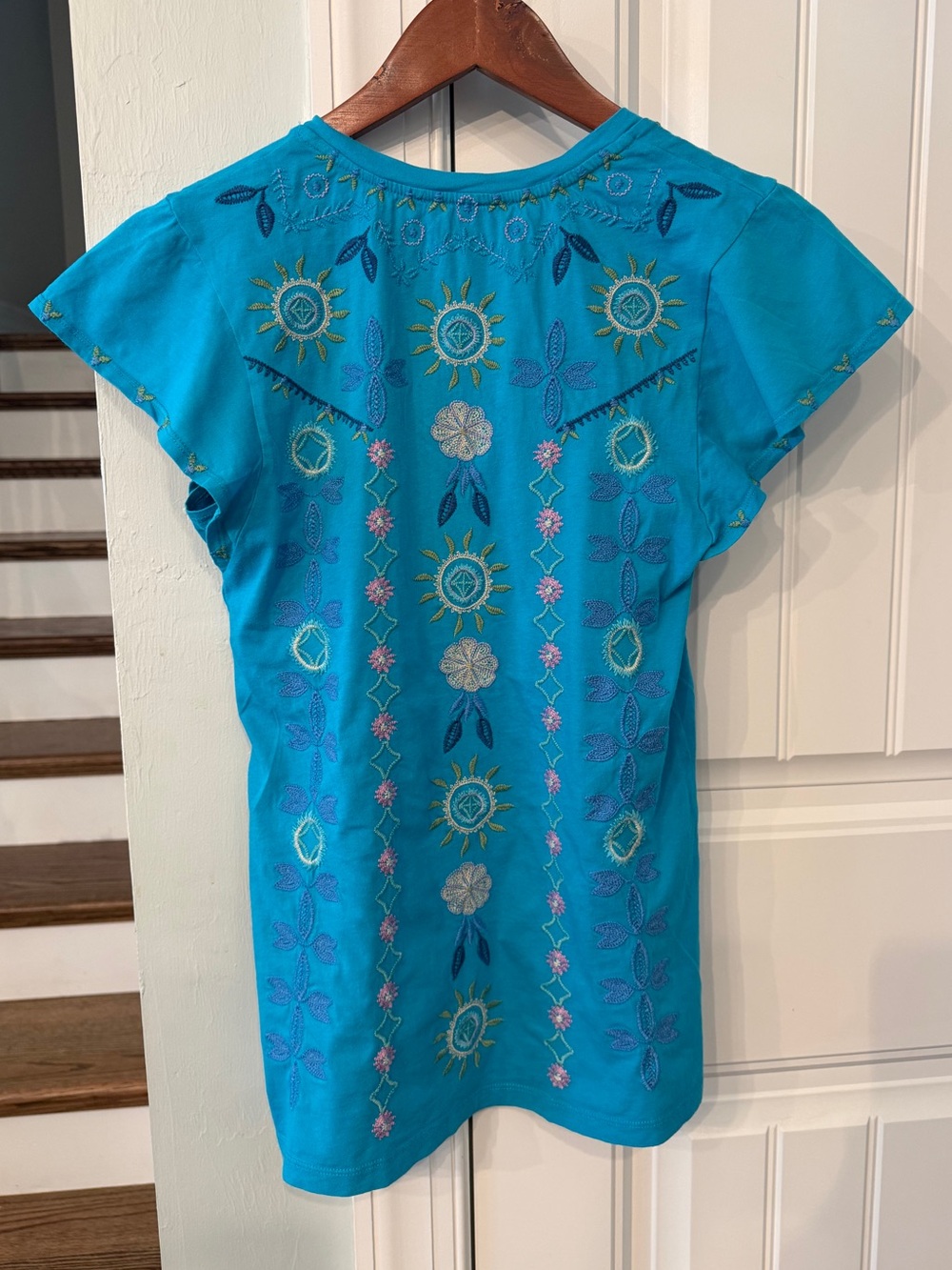 Johnny Was Los Angeles Turquoise Embroidered V-Neck Tee XS Boho Top - Picture 5 of 6